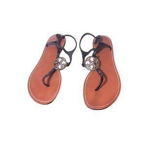 Tory Burch Violet Sandal Shoe sz 9.5 T-Strap Black Leather Rhinestone